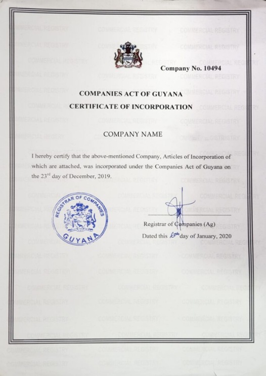 Guyana Certificate of Incorporation